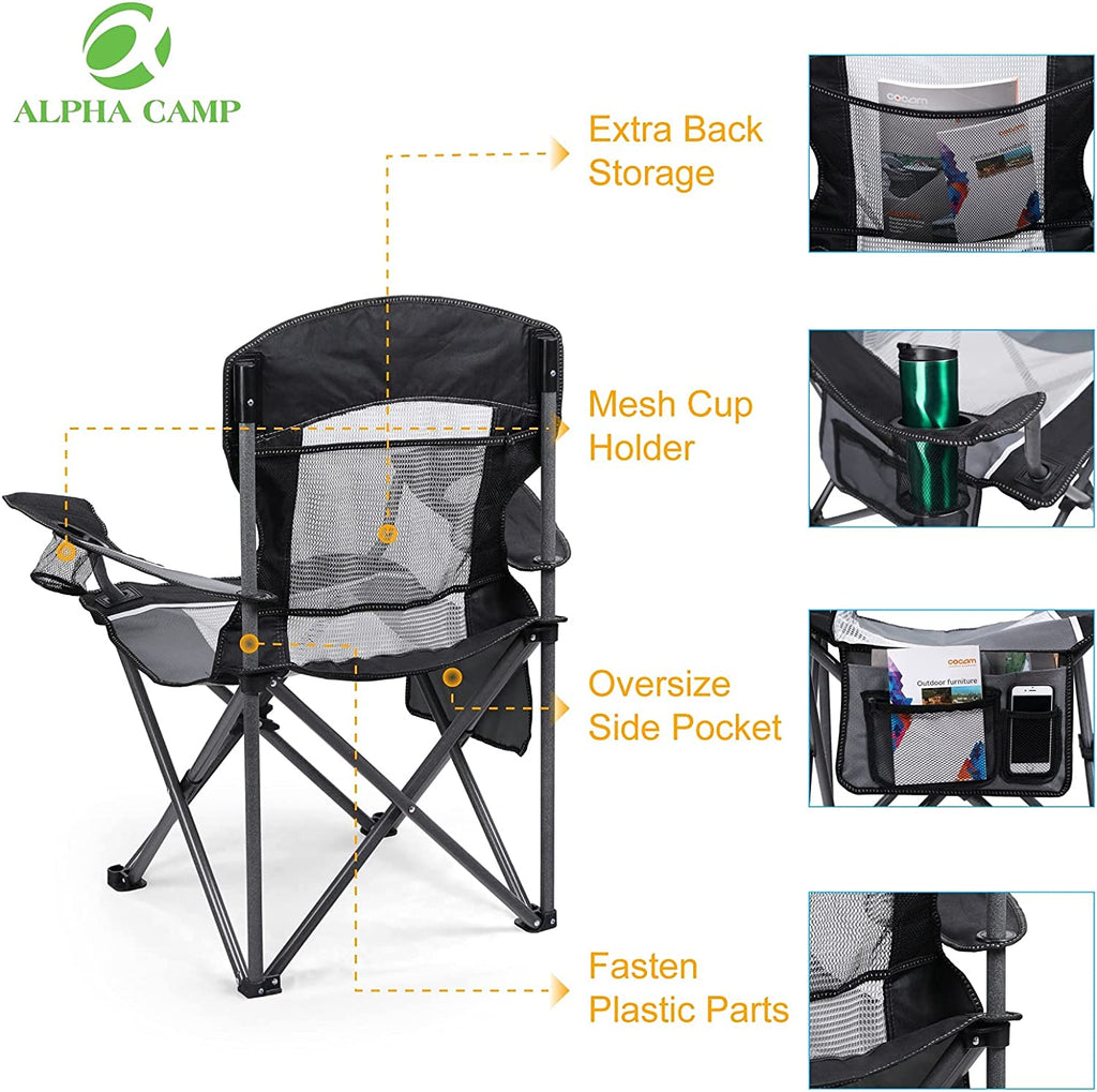 Mesh Back Camping Chair Portable Folding Heavy Duty Outdoor Large Chair Support 330 LBS Durable Large Arm Chair with Cup Holder and Carry Bag for Camp, Fishing, Hiking
