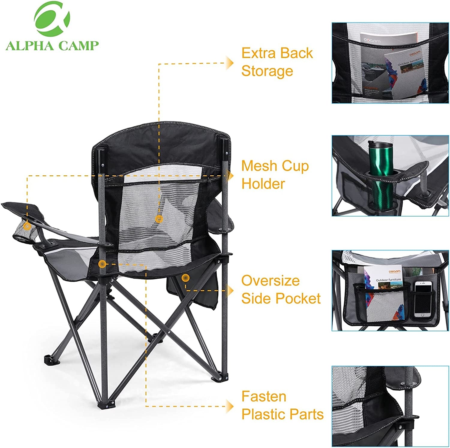 Mesh Back Camping Chair Portable Folding Heavy Duty Outdoor Large Chair Support 330 LBS Durable Large Arm Chair with Cup Holder and Carry Bag for Camp, Fishing, Hiking