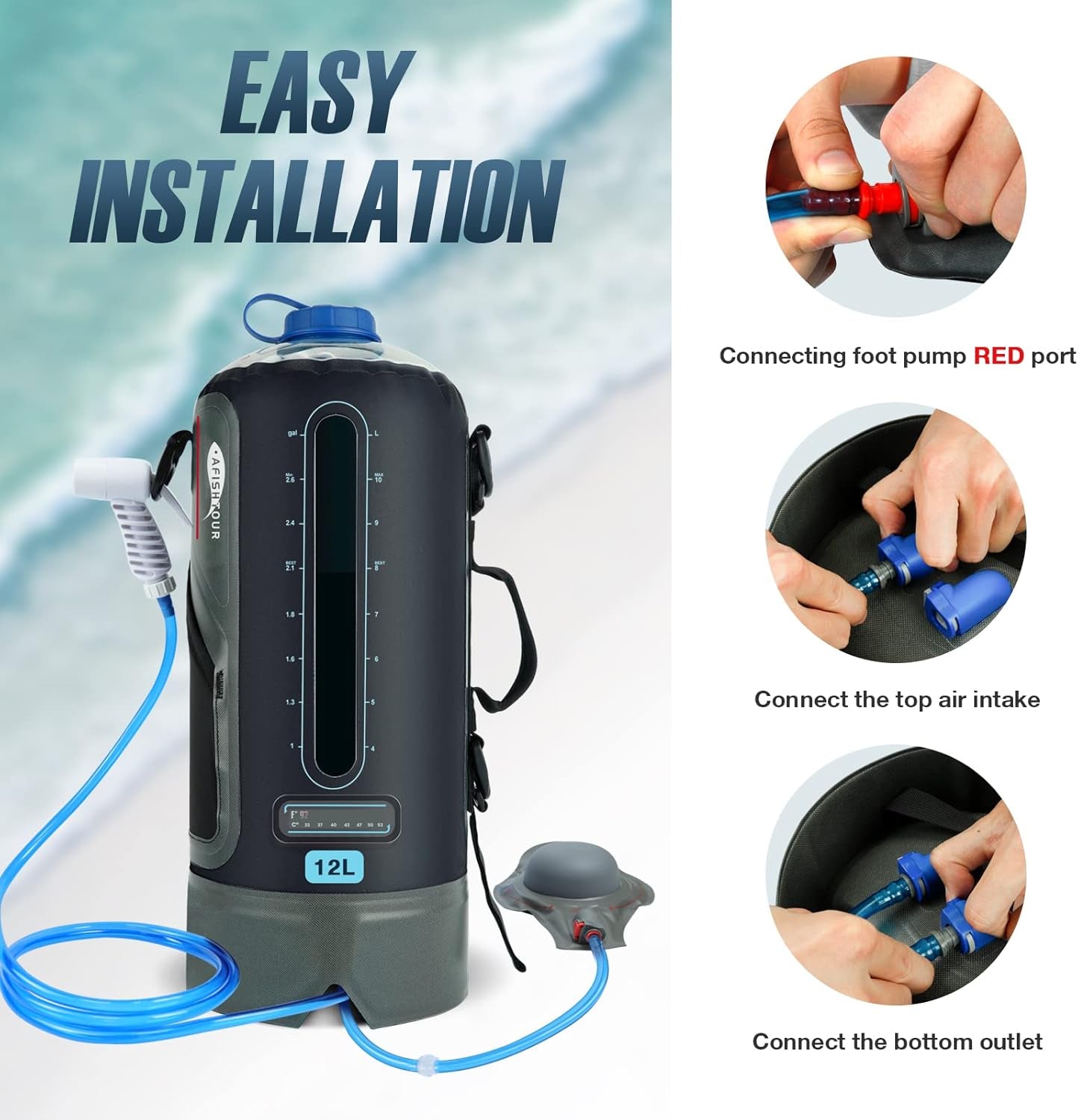 Portable Camping Shower Bag - 12L/3.17 Gallons Solar Shower Water Bag with Foot Pump and Shower Head - Camp Shower for Camping, Beach, Travel, Outdoor Activities