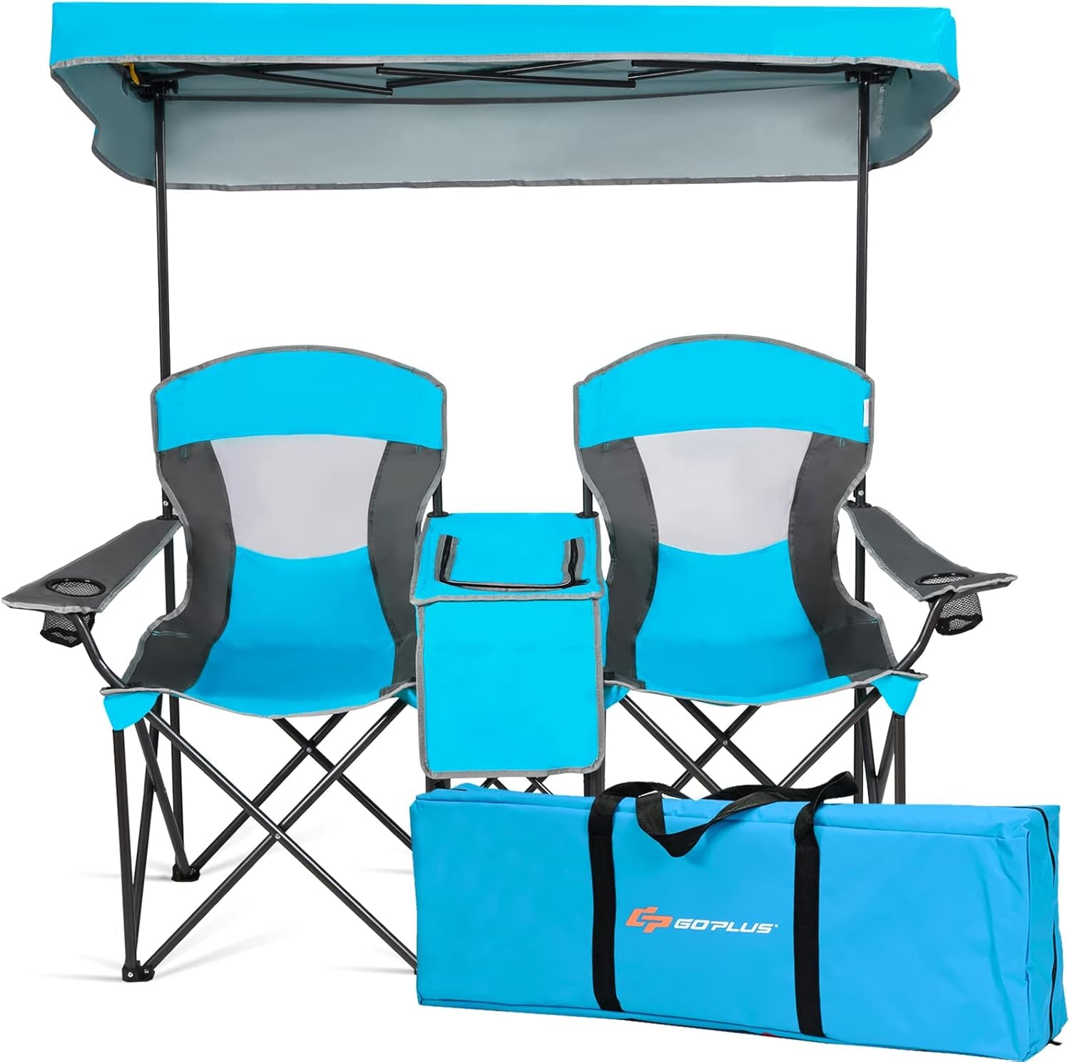 Double Beach Chair with Canopy Shade, Folding Lawn Camping Chairs with Sunshade & Mini Table Beverage Holder & Carrying Bag for Outdoor Travel Hiking Fishing Poolside