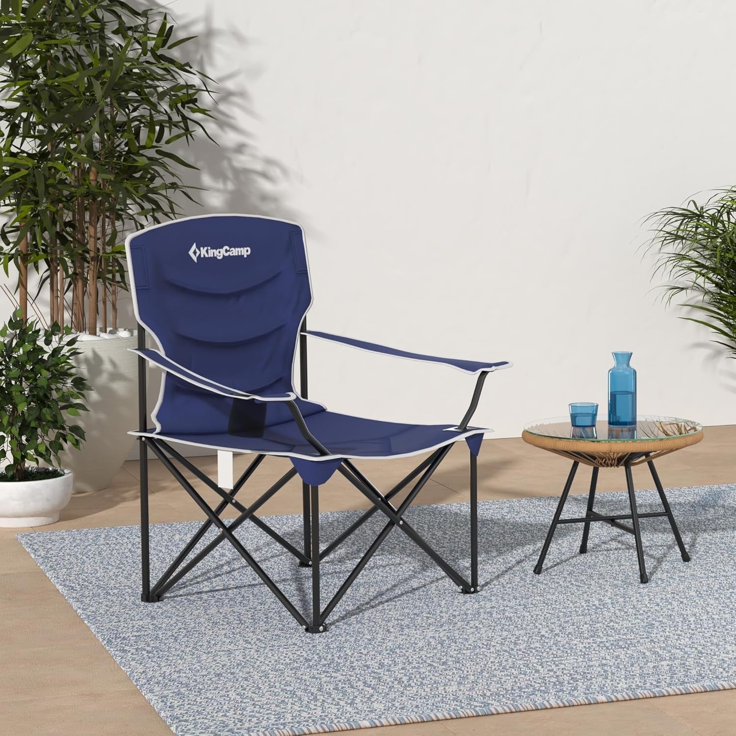 Oversized Folding Adults Large Padded Camp Chair with Side Pocket, Blue-Deep
