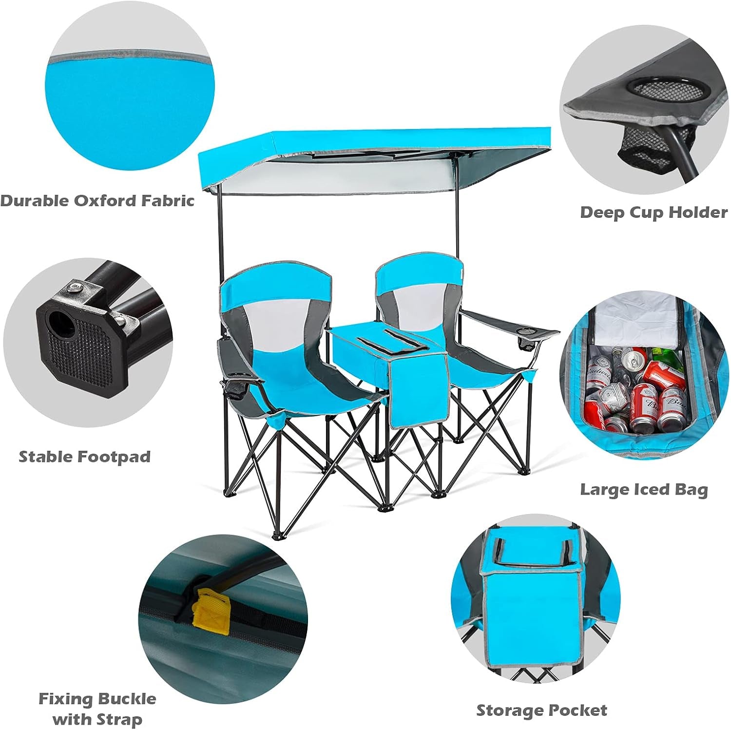 Double Beach Chair with Canopy Shade, Folding Lawn Camping Chairs with Sunshade & Mini Table Beverage Holder & Carrying Bag for Outdoor Travel Hiking Fishing Poolside