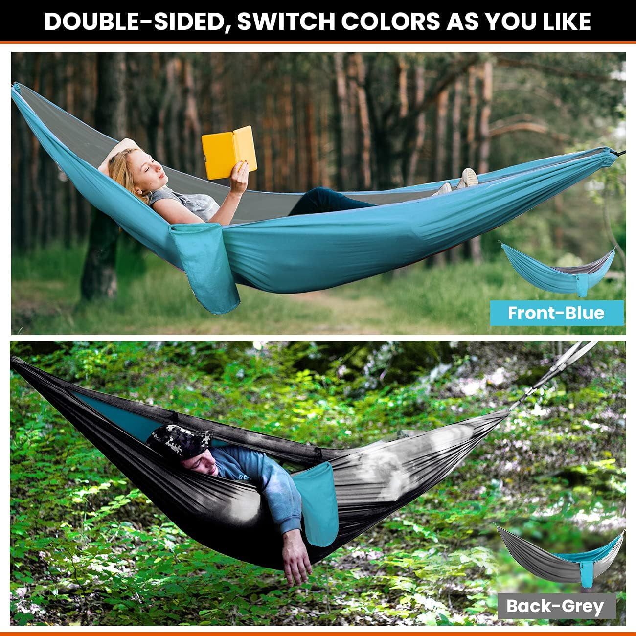 Double Layers Outdoor Hammock with Tree Straps German TUV Certificated Portable Camping Hammock for Two Lightweight for Backpacking Hiking Sports Travel Max Load of 880Lbs Cyan and Grey