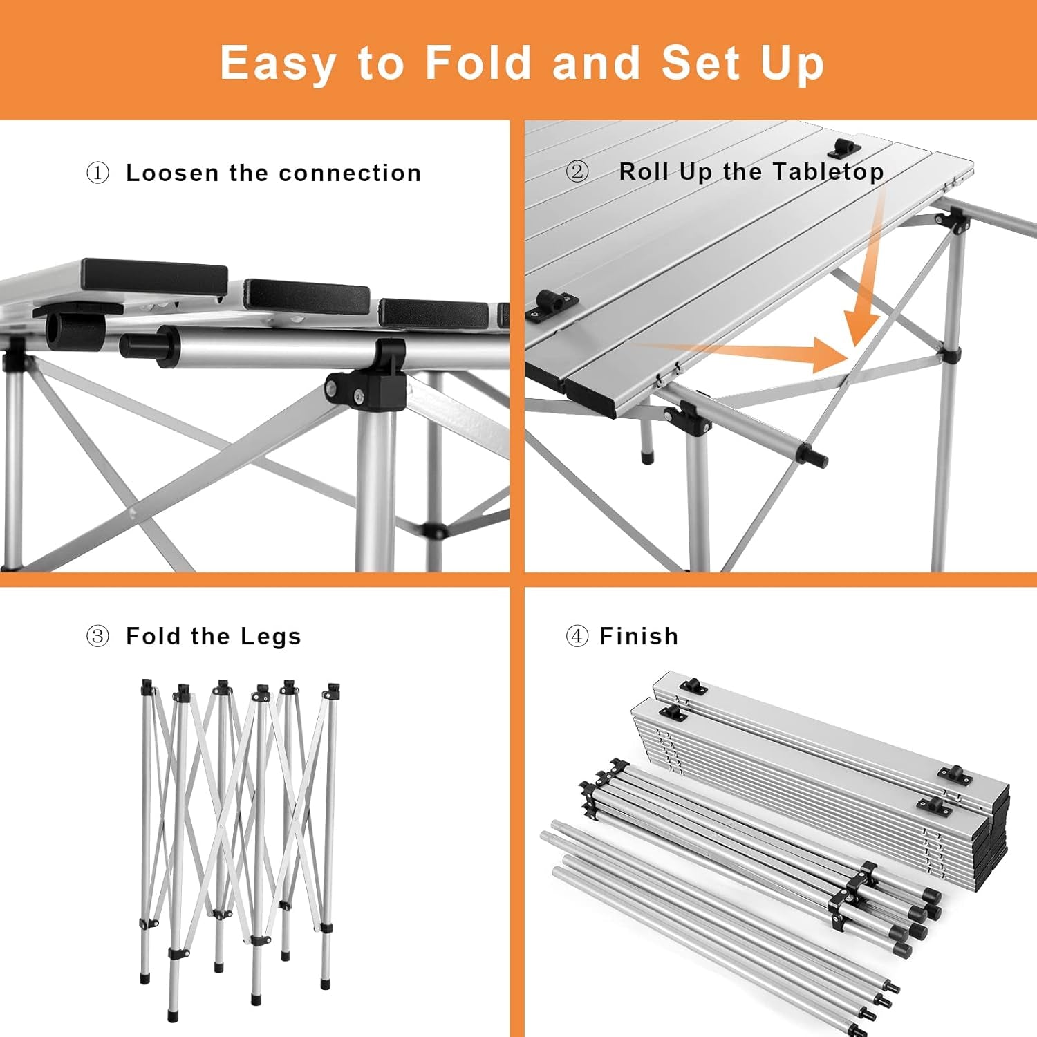 Folding Camping Table, Portable Aluminium Picnic Table with Roll-Up Tabletop & Carrying Bag, Lightweight Grill Table for Outdoor Hiking, BBQ, Party, 55" L X 28" W X 28" H