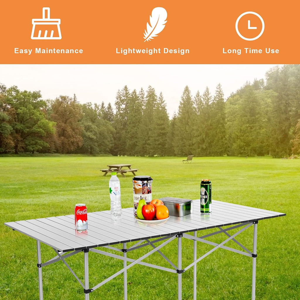 Folding Camping Table, Portable Aluminium Picnic Table with Roll-Up Tabletop & Carrying Bag, Lightweight Grill Table for Outdoor Hiking, BBQ, Party, 55" L X 28" W X 28" H
