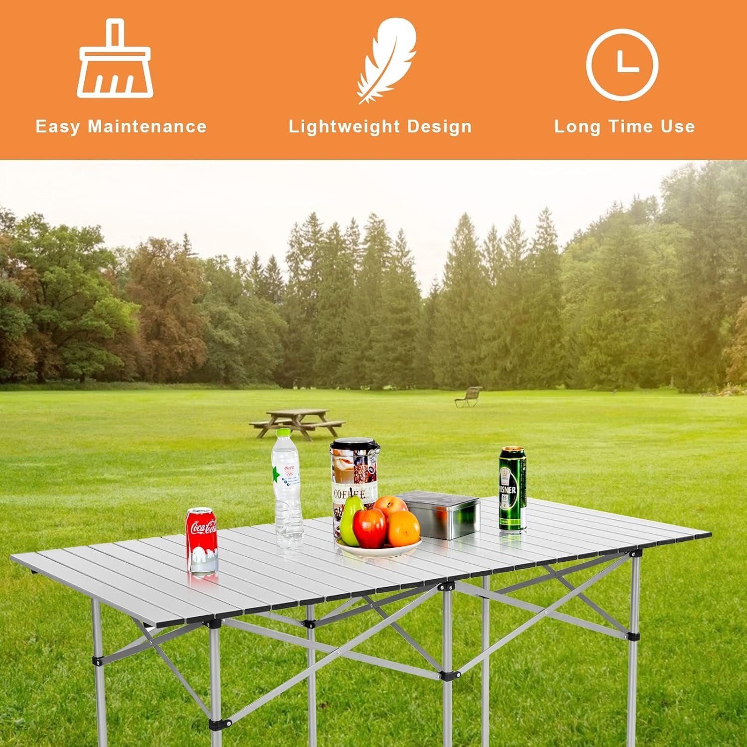 Folding Camping Table, Portable Aluminium Picnic Table with Roll-Up Tabletop & Carrying Bag, Lightweight Grill Table for Outdoor Hiking, BBQ, Party, 55" L X 28" W X 28" H