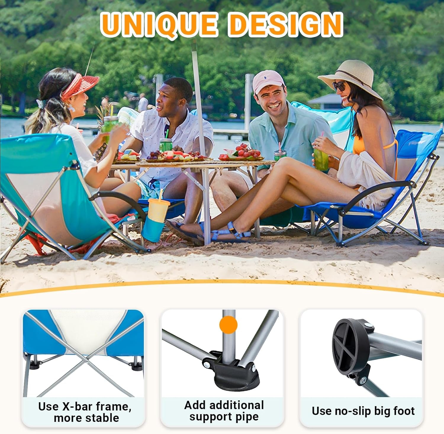 Low Beach Chair Folding Portable Lightweight Backpack Chair for Adults with Cup Holder Pocket Carry Bag for Outdoor Camping Concert Festival Travel Sports Lawn Sand, Blue