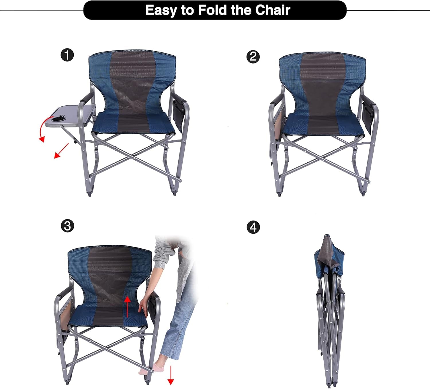 Oversized Camping Chairs for Adults 2 Pack, Sturdy Heavy Duty Folding Director Chair with Side Table, Portable for Outdoor outside Sport Lawn, Blue 2 Pack
