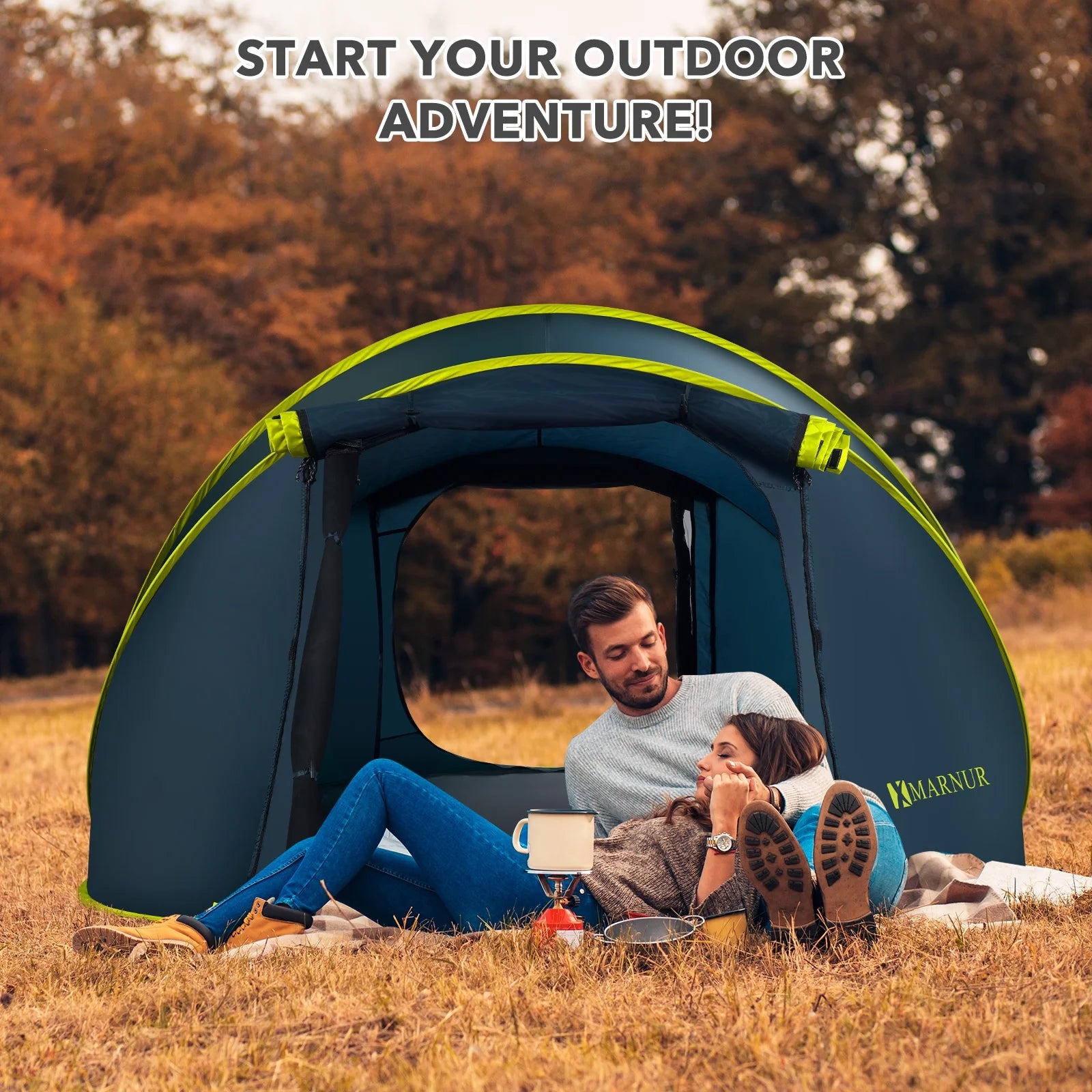 Instant Tent 4-Person Camp Tent, Auto Setup Pop up Tent, Waterproof, Huge Door & Windows, Dark Blue