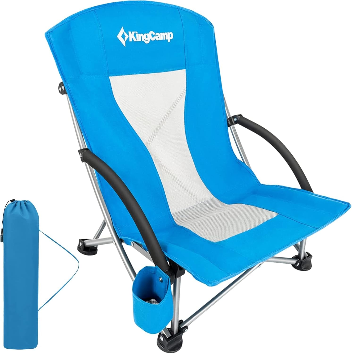 Low Beach Chair Folding Portable Lightweight Backpack Chair for Adults with Cup Holder Pocket Carry Bag for Outdoor Camping Concert Festival Travel Sports Lawn Sand, Blue