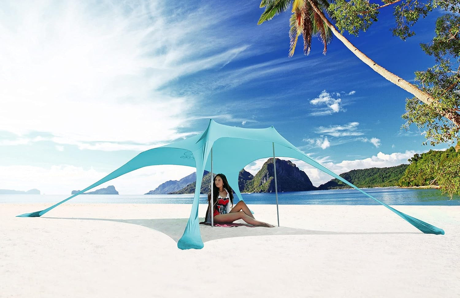 Beach Tent Extra Large Beach Shelter 6 Adults, Sun Shade, Beach Canopy, Beach Shade with 2 Aluminum Poles and Sand Bags(Light Blue, XL)