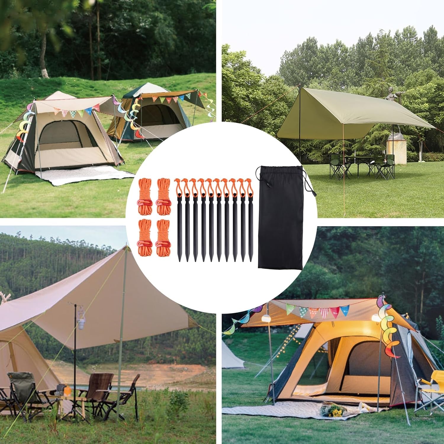 Aluminum Tent Stakes Pegs & Reflective Guylines with Tent Cord Tensioners for Camping, Hiking, Backpacking (Yellow)