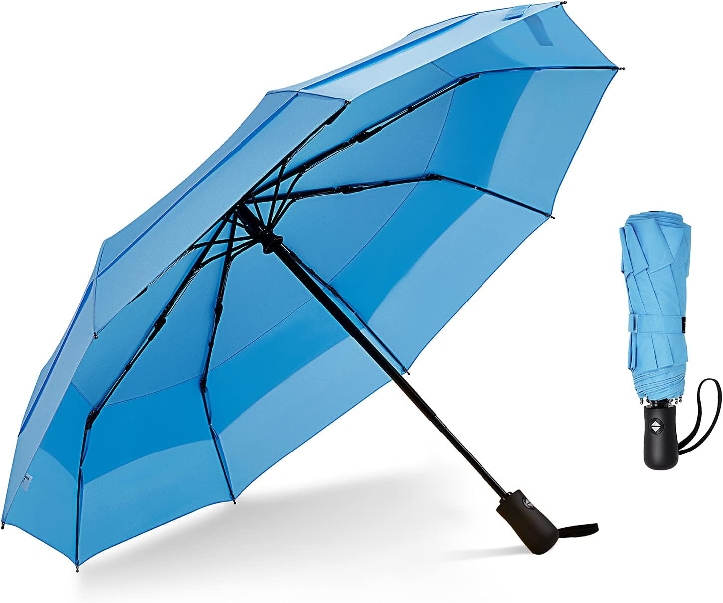 42 Inch Compact Travel Umbrella, Windproof Small Folding Backpack Umbrella for Rain, Auto Open and Close Button(Sky Blue)