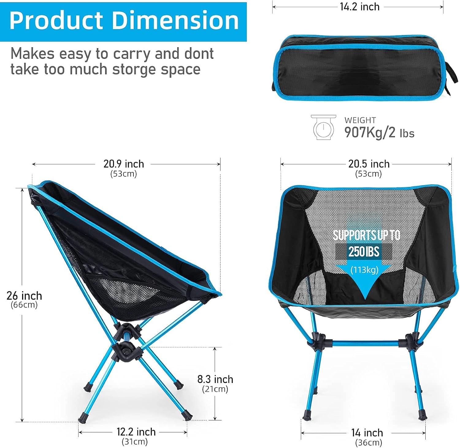 Portable Camping Folding Chairs,Ultralight Outdoor Backpacking Chairs,Compact Breathable Mesh Load Capacity 330Lb with Carry Bag for Outdoor Camp, Travel, Beach, Hiking Camping Seat