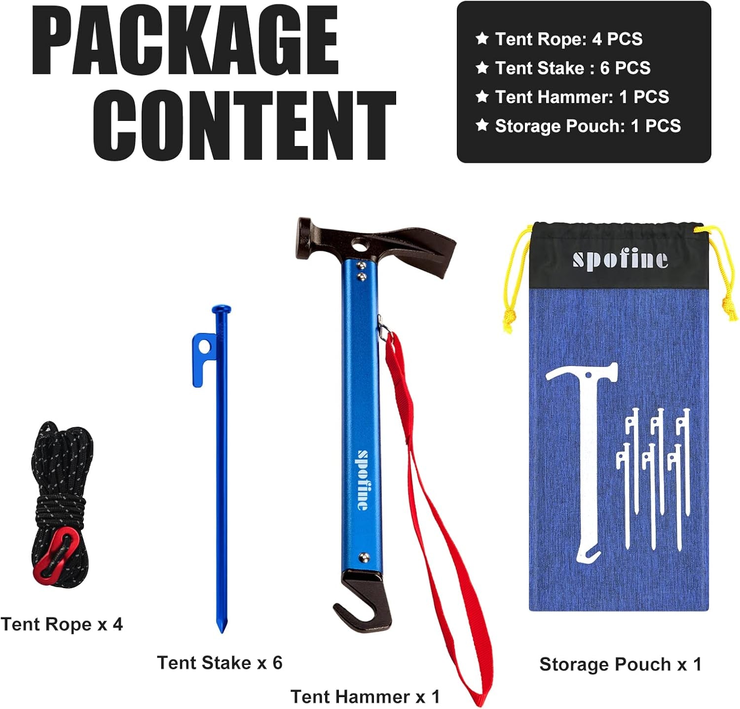 Tent Stakes, 6Pcs Heavy Duty Tent Stakes Metal with Tent Hammer 13Ft Reflective Ropes, Camping Accessories Kit with Tent Pegs Aluminum Mallet Storage Bag for Camping Hiking Backpacking