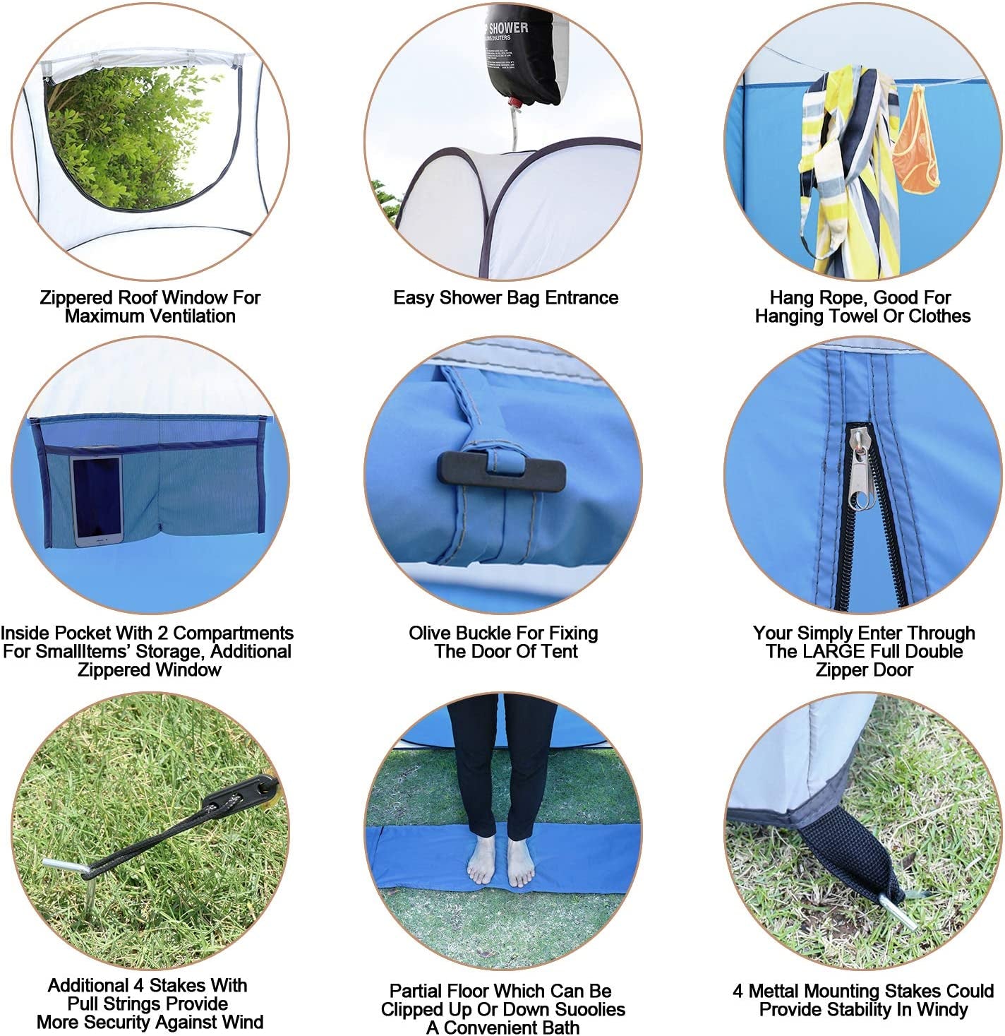 Pop up Shower Tent Dressing Changing Room Privacy Portable Camping Shelters 4' X 4' X 78" H Extra-Large Space