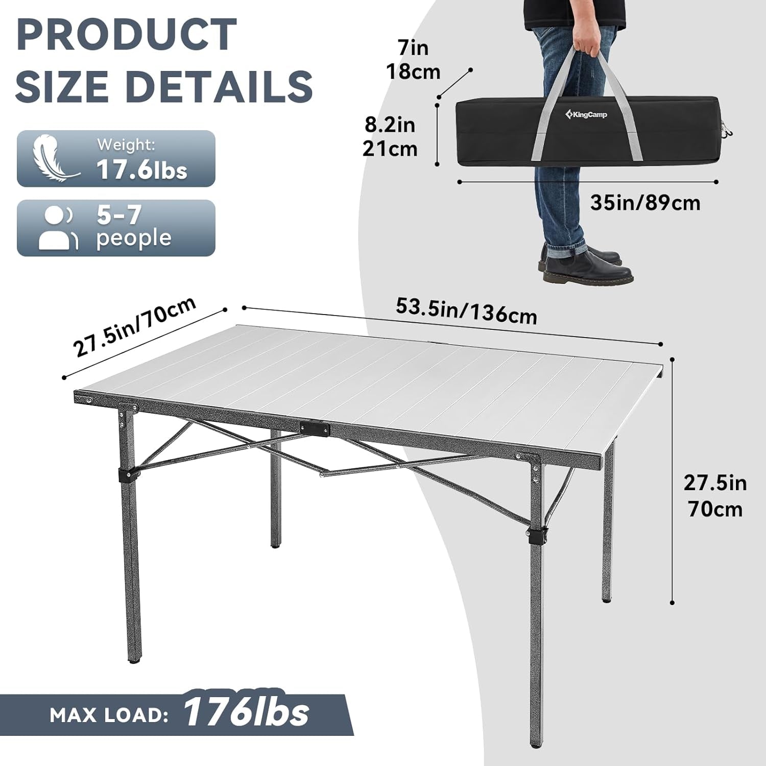 Camping Table Folding Portable Table Aluminum Roll up Lightweight Foldable Large Camp Table for Indoor Outdoor Picnic Backyard, 53.5"X27.5"