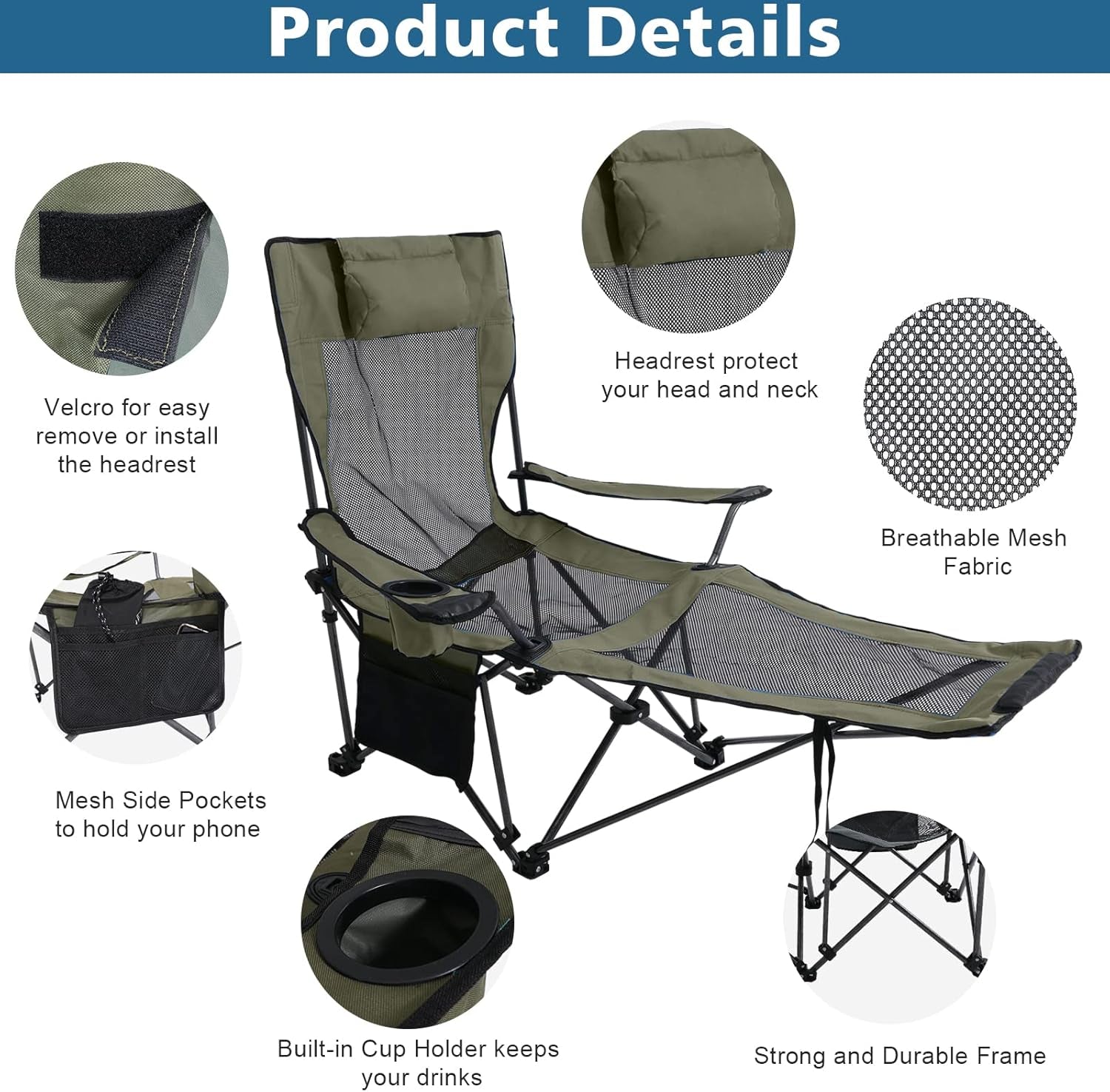 Folding Reclining Camping Chair Portable Camping Chair with Footrest, Storage Bag & Headrest, Army Green
