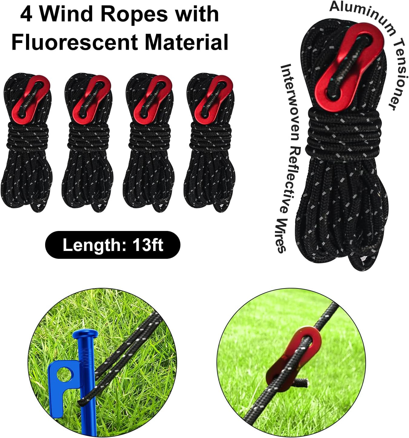 Tent Stakes, 6Pcs Heavy Duty Tent Stakes Metal with Tent Hammer 13Ft Reflective Ropes, Camping Accessories Kit with Tent Pegs Aluminum Mallet Storage Bag for Camping Hiking Backpacking