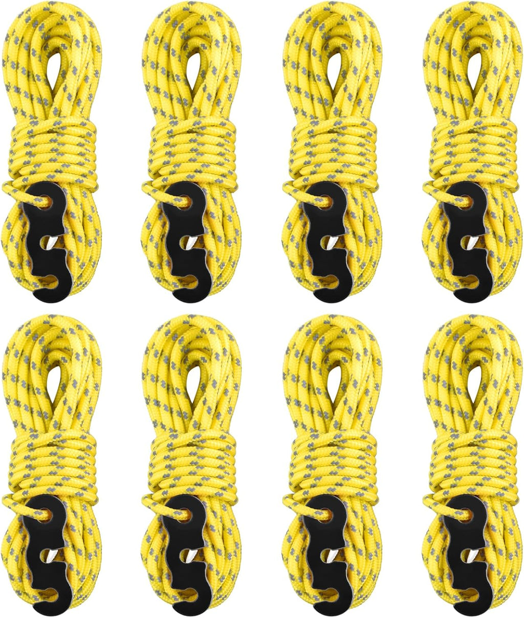 Reflective Guyline, Tent Cord Nylon Paracord Rope with Guyline Adjuster for Camping Tent, Outdoor Packaging (Yellow - 8 Pack)