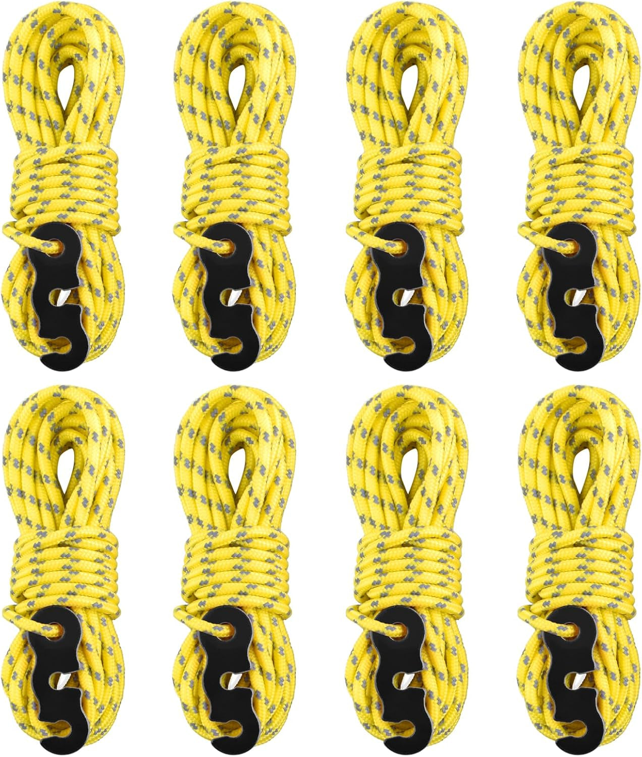 Reflective Guyline, Tent Cord Nylon Paracord Rope with Guyline Adjuster for Camping Tent, Outdoor Packaging (Yellow - 8 Pack)
