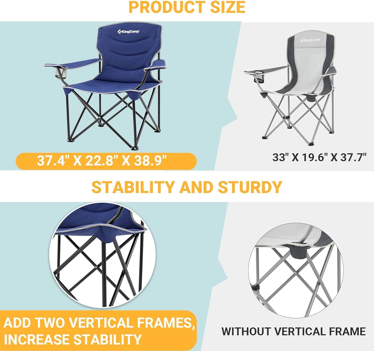 Oversized Folding Adults Large Padded Camp Chair with Side Pocket, Blue-Deep