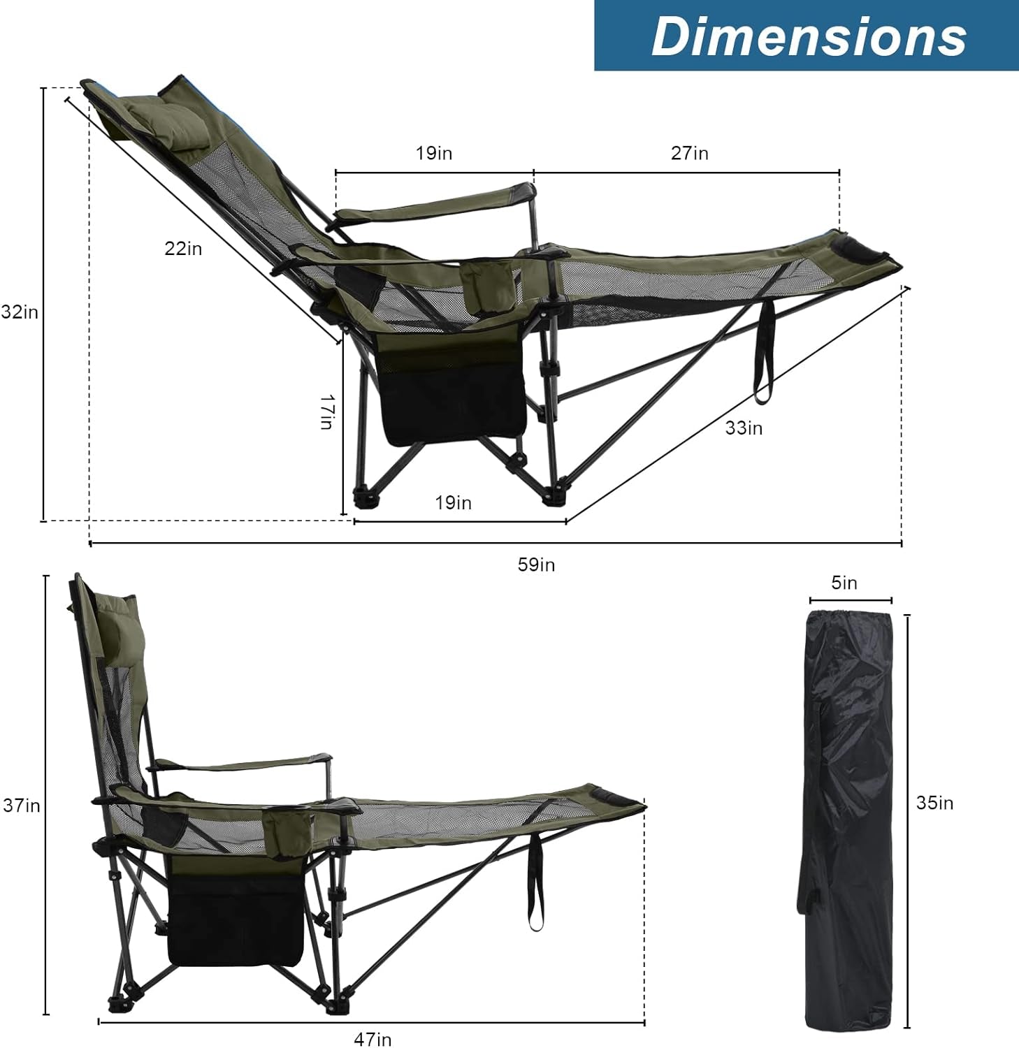 Folding Reclining Camping Chair Portable Camping Chair with Footrest, Storage Bag & Headrest, Army Green