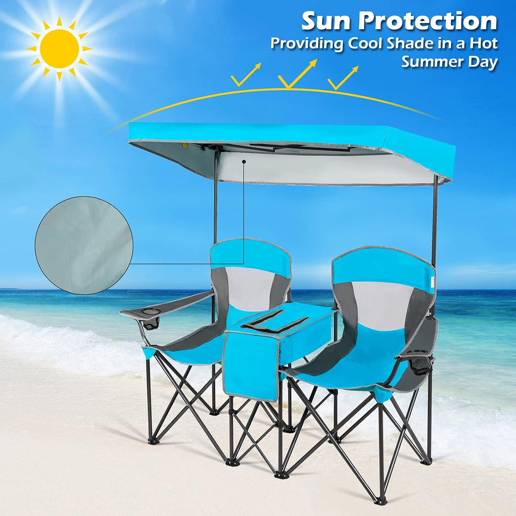 Double Beach Chair with Canopy Shade, Folding Lawn Camping Chairs with Sunshade & Mini Table Beverage Holder & Carrying Bag for Outdoor Travel Hiking Fishing Poolside
