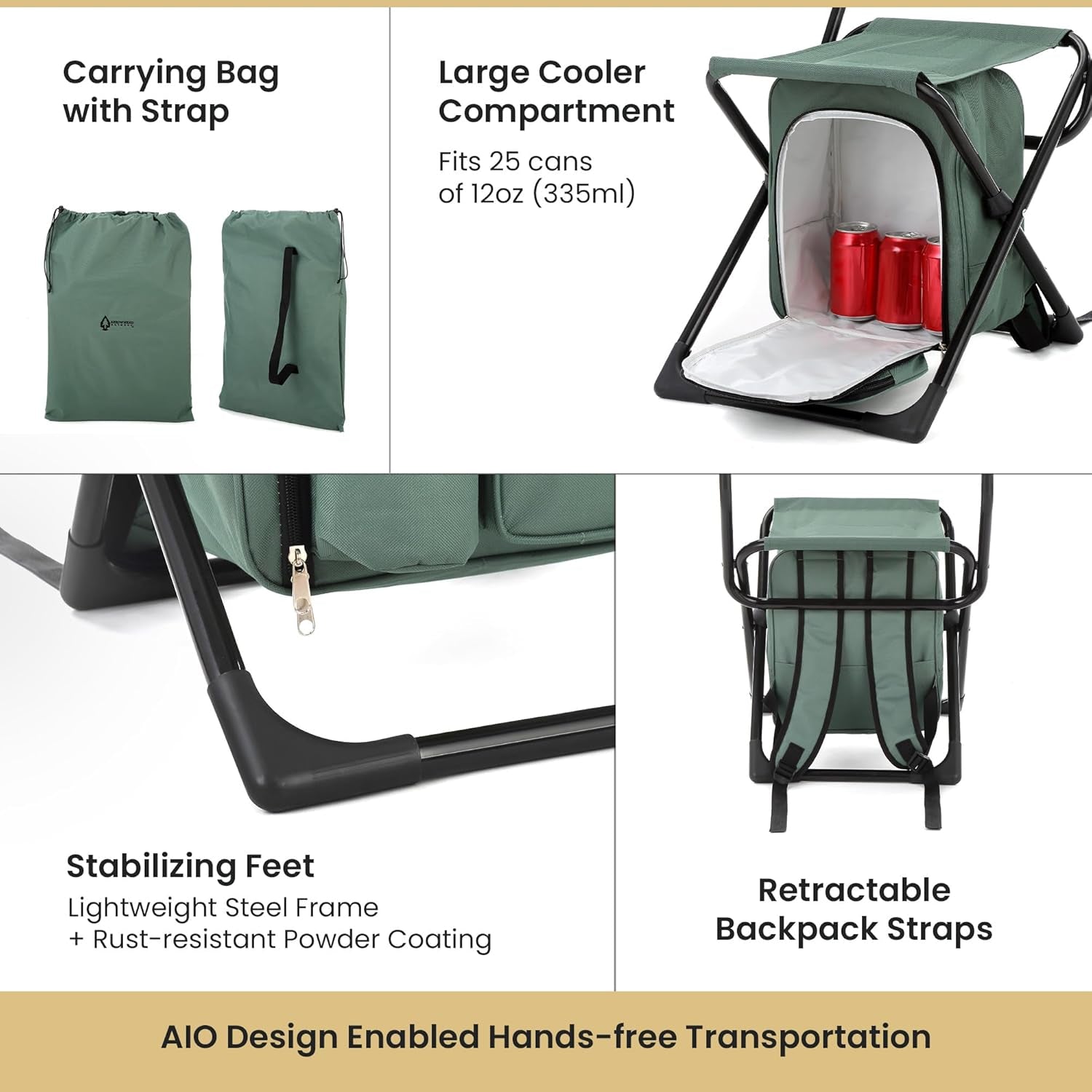Multi-Function 3-In-1 Compact Camp Chair: Backpack, Stool & Insulated Cooler, W/Bottle Holder & Storage Bag, External Pockets, Backrest, Fishing, Hiking, Heavy-Duty, Usa-Based