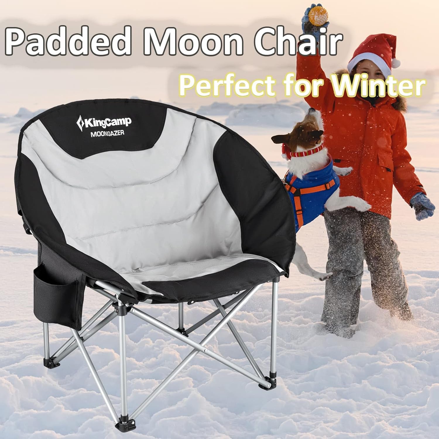 Camping Chair Oversized Padded Moon round Saucer Chairs Camping Folding Chair with Cup Holder,Storage Bag,Carry Bag for Camping, Hiking Fishing Sports Balck&Grey Camping Chair