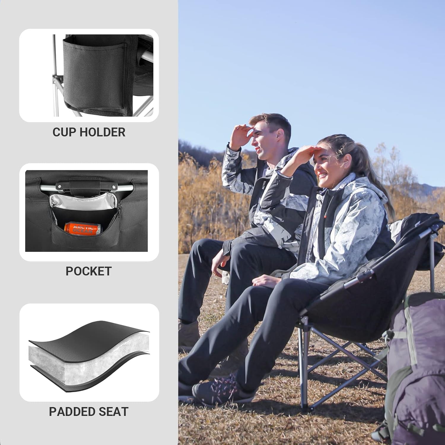 Camping Chair Oversized Padded Moon round Saucer Chairs Camping Folding Chair with Cup Holder,Storage Bag,Carry Bag for Camping, Hiking Fishing Sports Balck&Grey Camping Chair