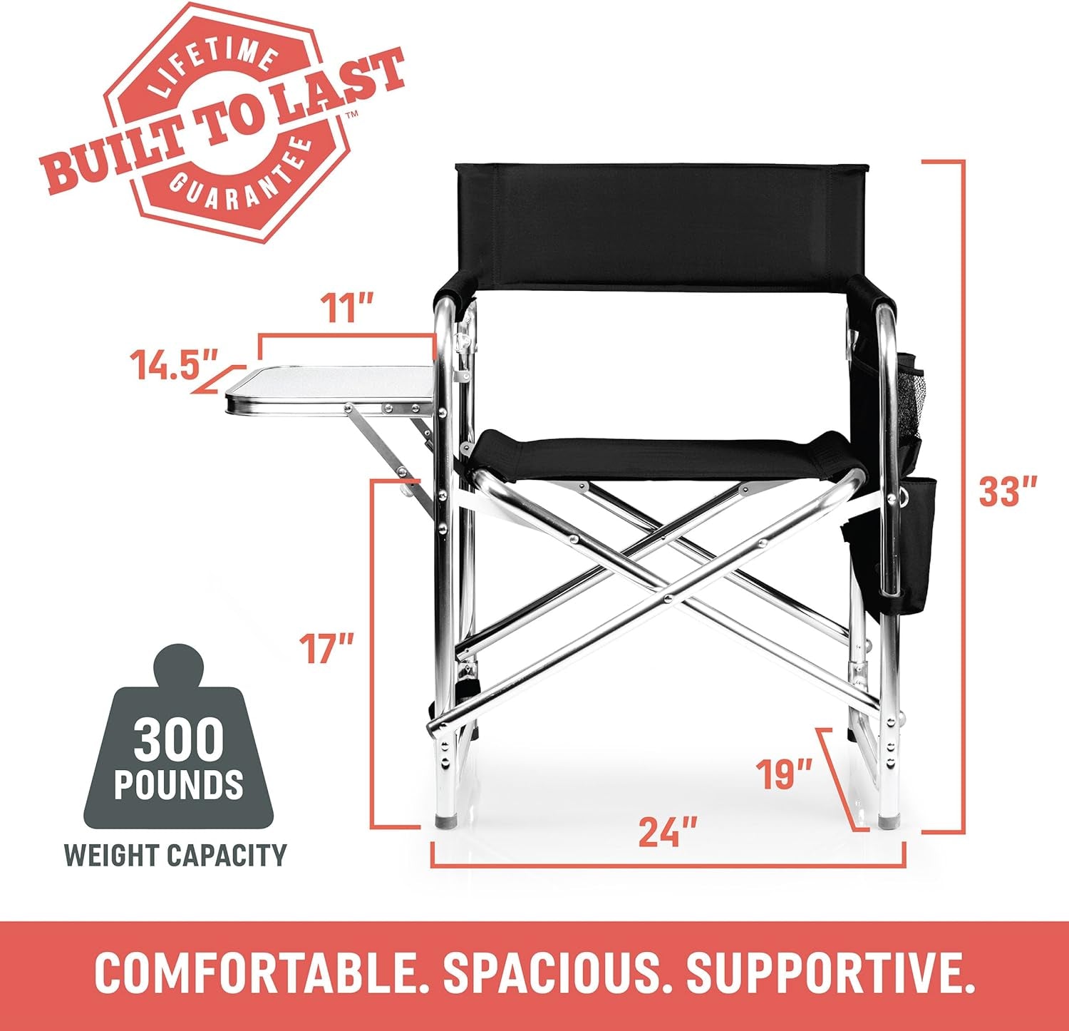 Sports Chair with Side Table, Outdoor Foldable Padded Adult Camping Chairs with Cup and Accessory Panel for Lawn, Beach, & Sports Use for Adults, up to 300-Lbs Capacity, (Red)