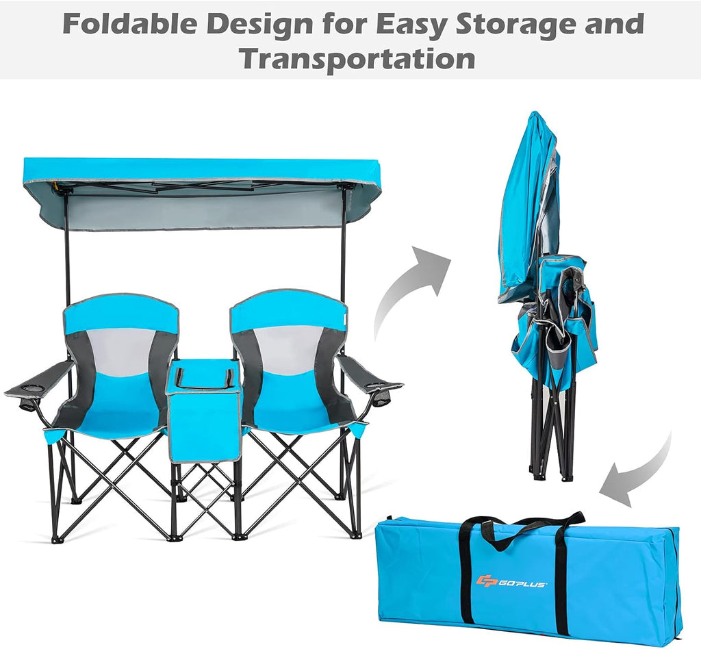 Double Beach Chair with Canopy Shade, Folding Lawn Camping Chairs with Sunshade & Mini Table Beverage Holder & Carrying Bag for Outdoor Travel Hiking Fishing Poolside