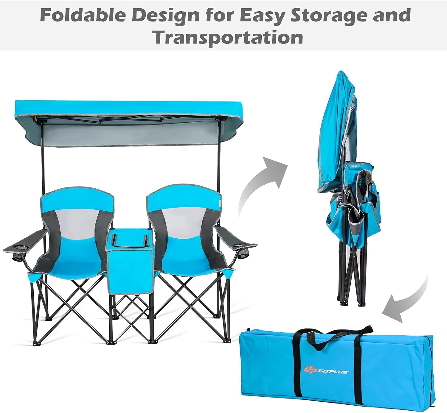 Double Beach Chair with Canopy Shade, Folding Lawn Camping Chairs with Sunshade & Mini Table Beverage Holder & Carrying Bag for Outdoor Travel Hiking Fishing Poolside