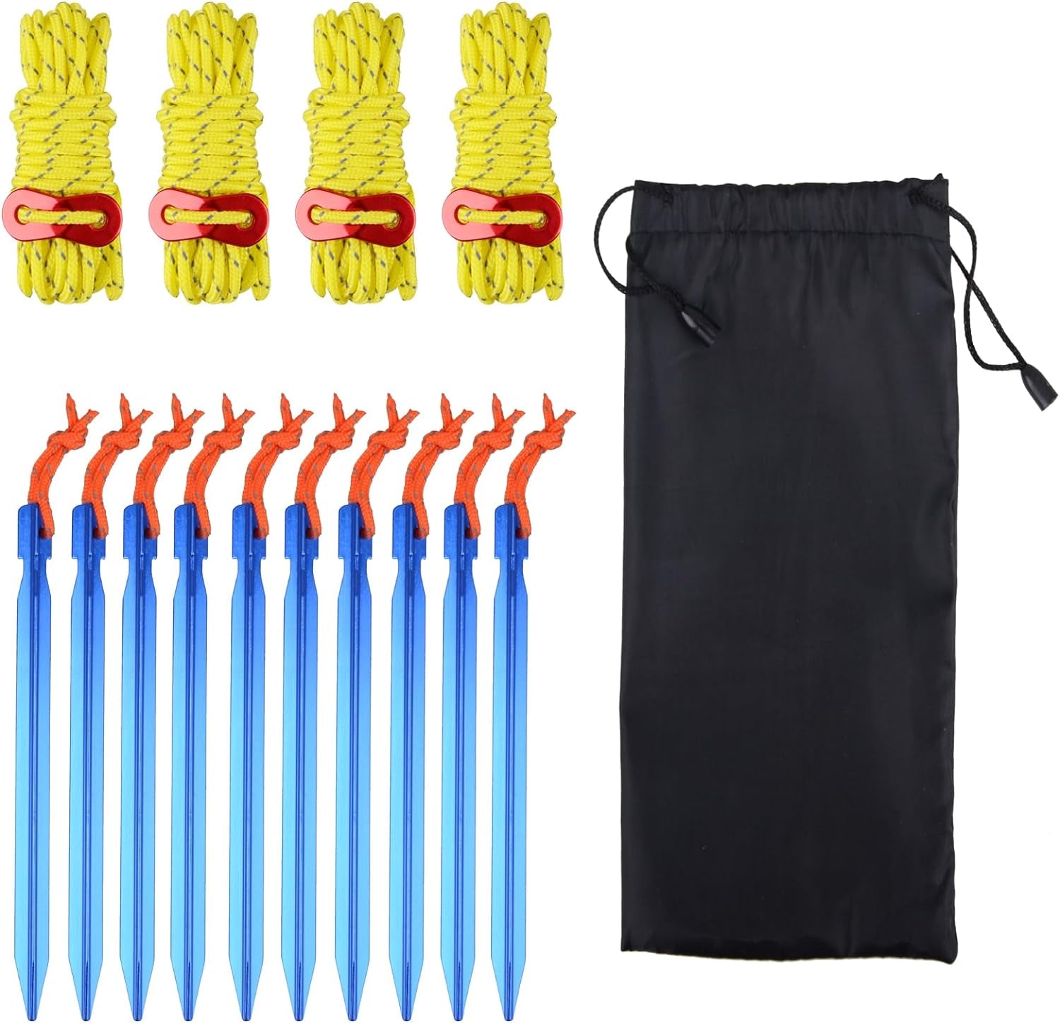 Aluminum Tent Stakes Pegs & Reflective Guylines with Tent Cord Tensioners for Camping, Hiking, Backpacking (Yellow)