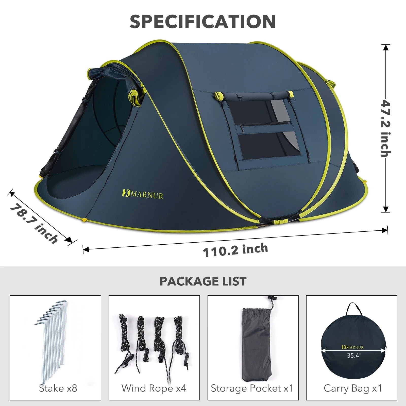 Instant Tent 4-Person Camp Tent, Auto Setup Pop up Tent, Waterproof, Huge Door & Windows, Dark Blue