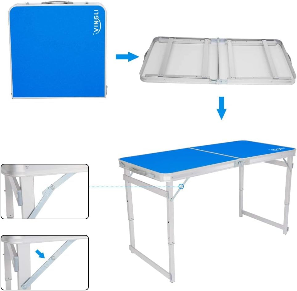 4FT Folding Table with Carrying Handle Suitcase Table Height Adjustable Pop up Collapsible Lightweight Portable for Indoor Outdoor Picnic, Tailgating Camping, Hiking, Fishing, BBQ …