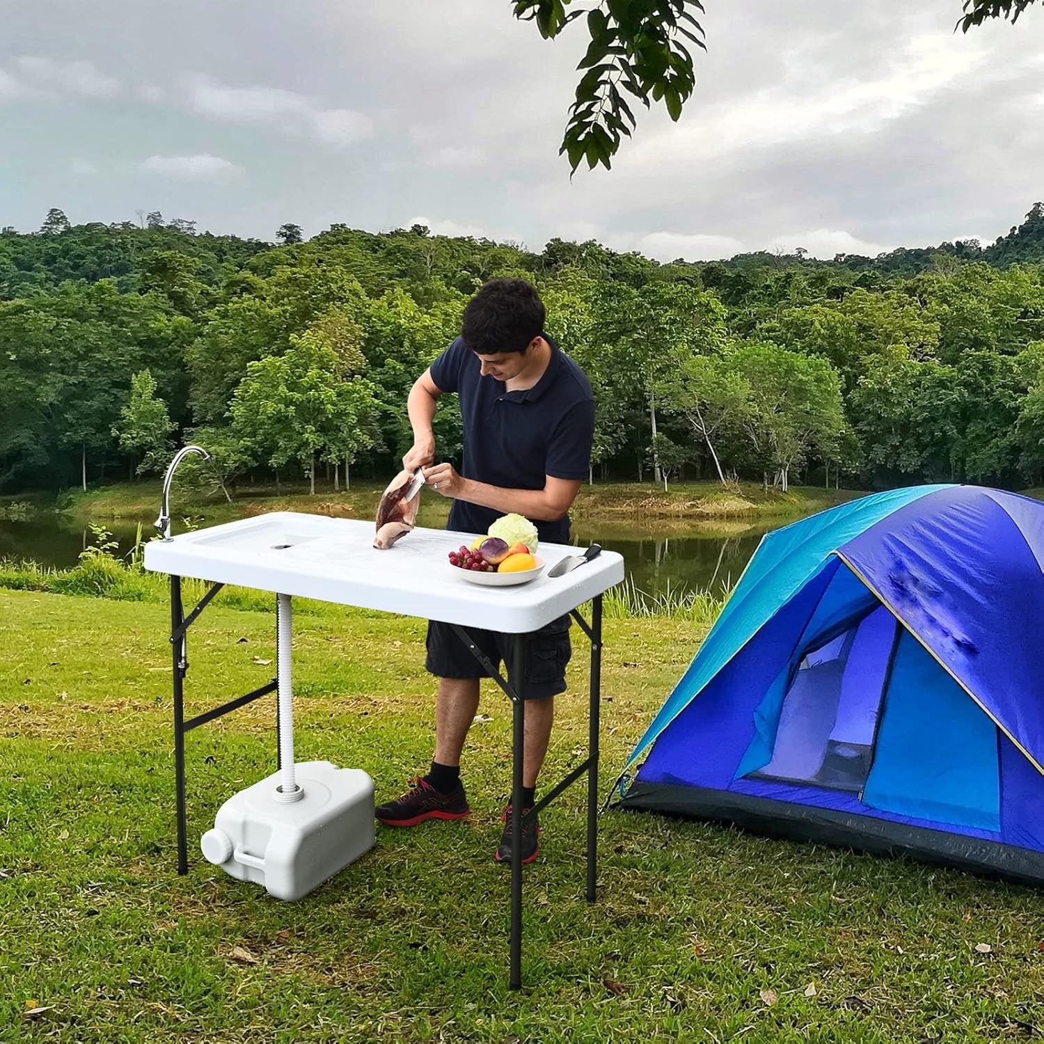 Fish Cleaning Table, Portable Camping Sink with Faucet, Outdoor Picnic Foldable Washing Table, White