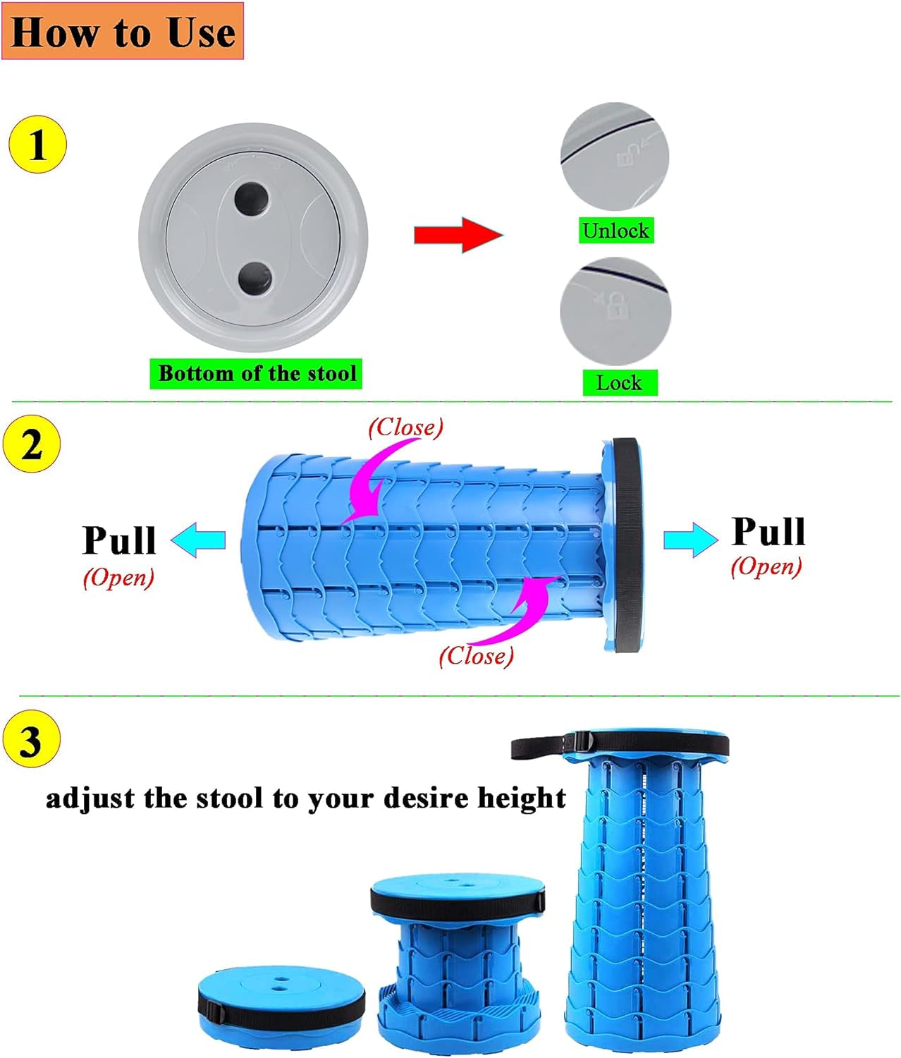 Portable Collapsible Stool Folding Retractable Stool Adjustable Telescoping Stool for Camping, Shopping, Hiking, Fishing, Picnic and More(Upgraded)