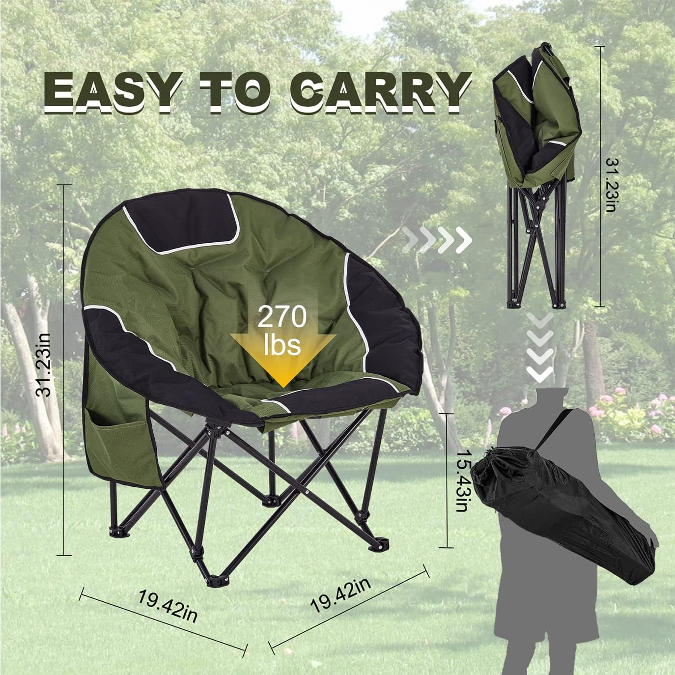 Oversized Moon Chairs Camping Chair round Chair Folding Portable Outdoor Chair with Storage Bag, Green