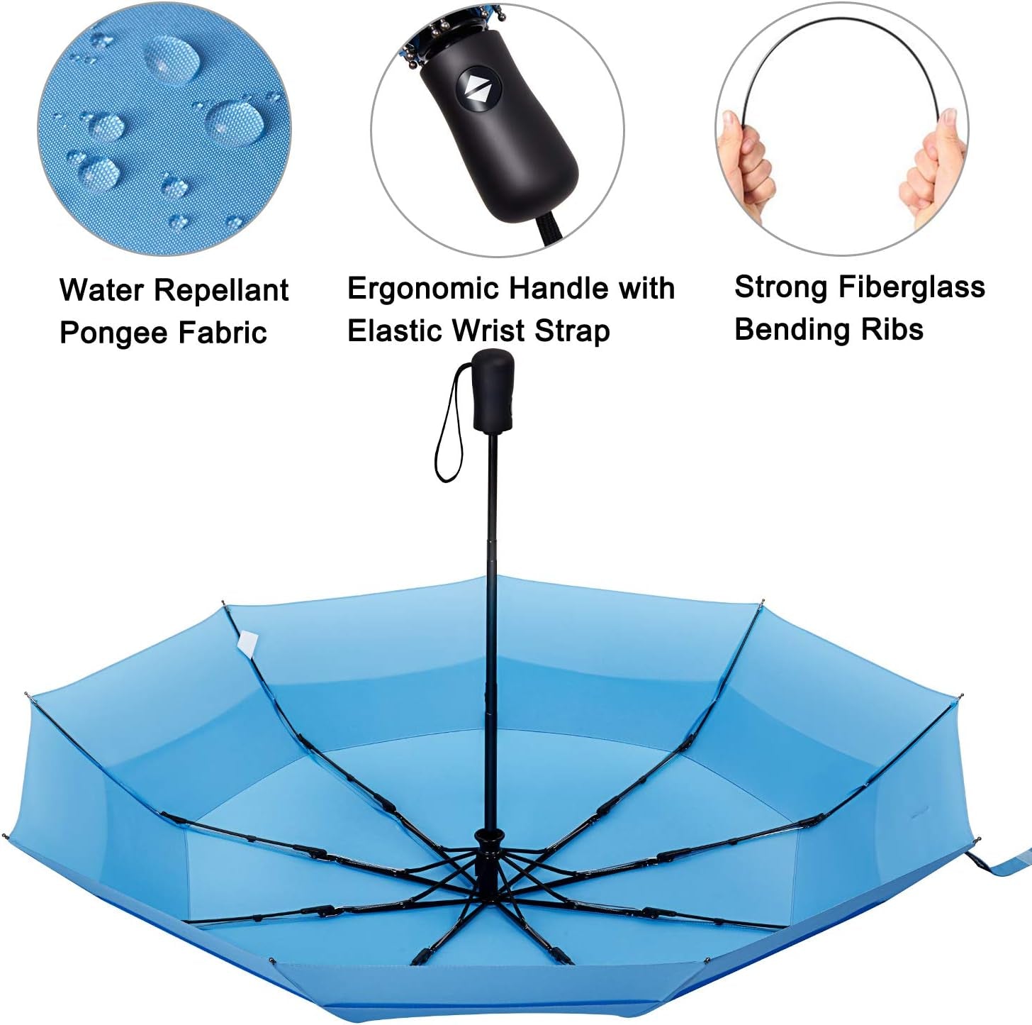 42 Inch Compact Travel Umbrella, Windproof Small Folding Backpack Umbrella for Rain, Auto Open and Close Button(Sky Blue)