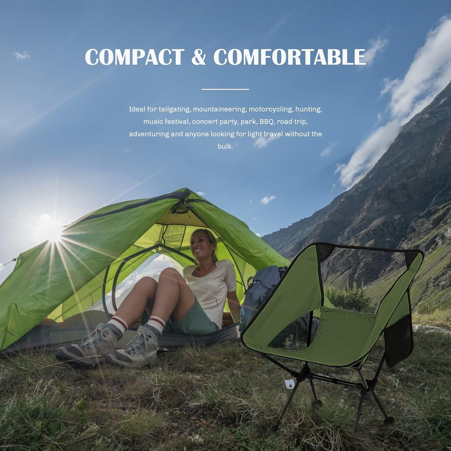 Ultralight Camping Chair, Outdoor Compact Folding Chairs, Camp Chair Supports 220 Lbs with Side Pockets, Quick Setup Backpacking Chairs for Camping, BBQ, Beach, Travel, Picnic (Black)