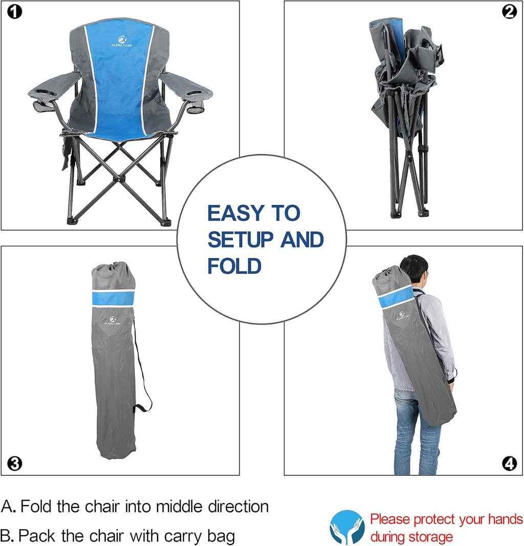 Oversized Outdoors Folding Camping Chair Heavy Duty Padded Arm Chair with Cup Holder and Storage Bag, 350 LBS Weight Capacity
