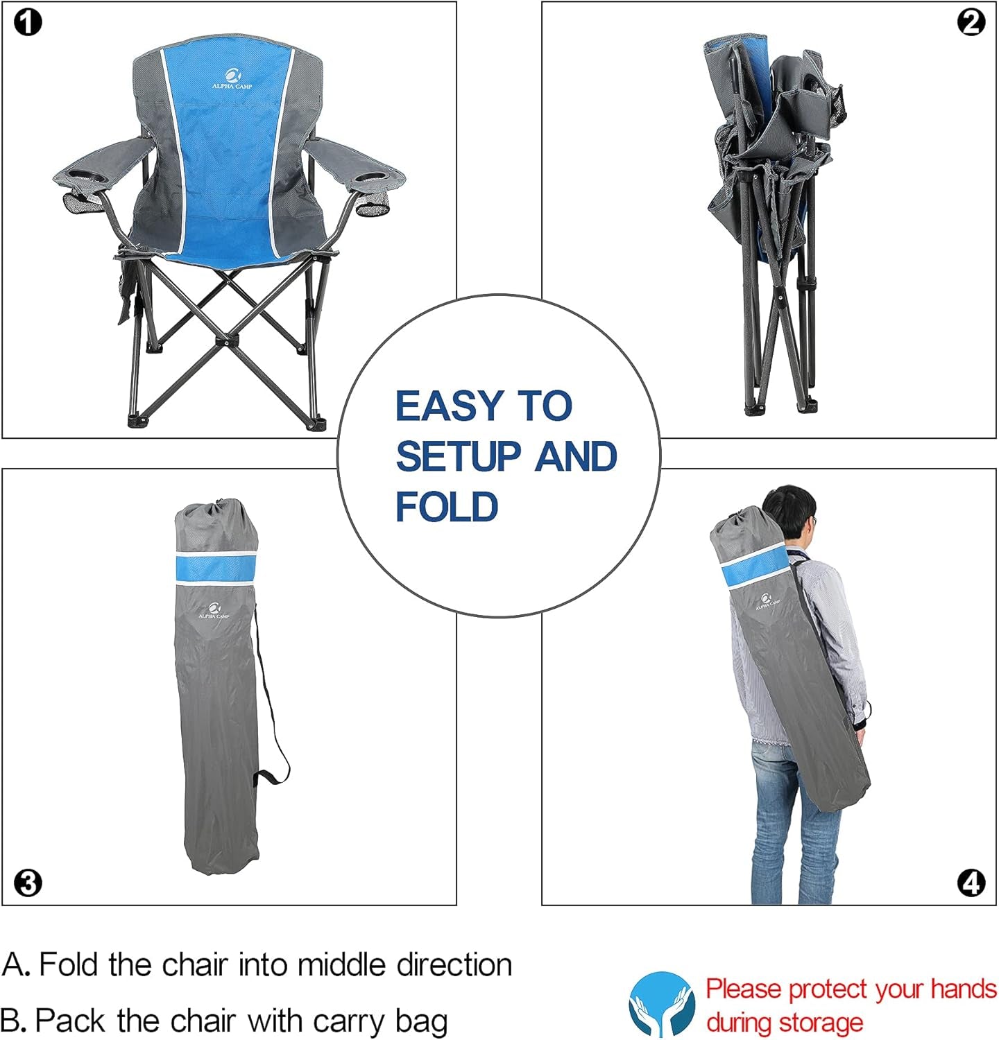 Oversized Outdoors Folding Camping Chair Heavy Duty Padded Arm Chair with Cup Holder and Storage Bag, 350 LBS Weight Capacity