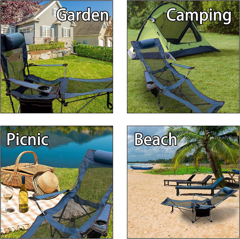Camping Recliner Camping Lounge Chair, Backpacking Folding Chair with Headrest, Footrest and Storage Bag for Outdoor Camping, BBQ, Large Weight Capacity