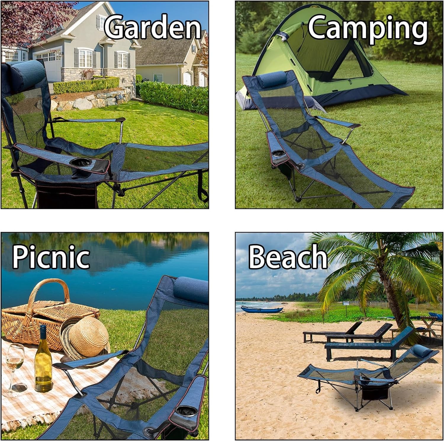 Camping Recliner Camping Lounge Chair, Backpacking Folding Chair with Headrest, Footrest and Storage Bag for Outdoor Camping, BBQ, Large Weight Capacity