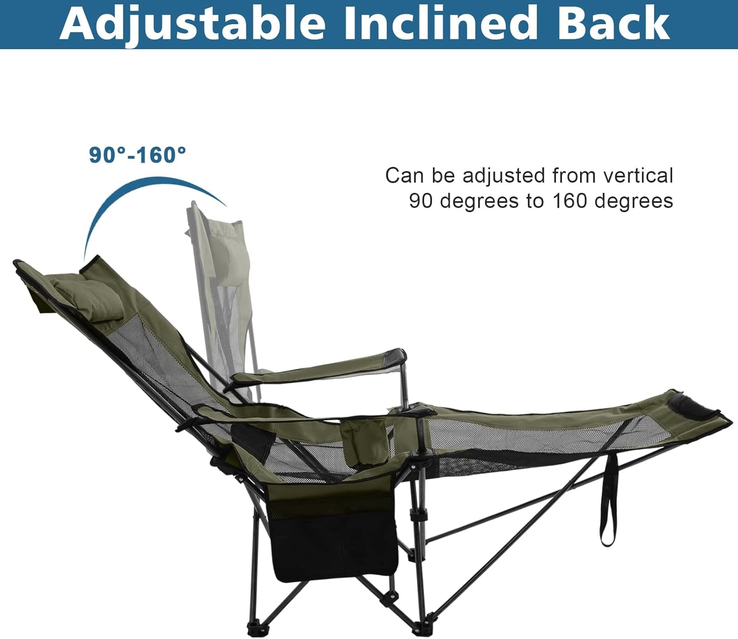Folding Reclining Camping Chair Portable Camping Chair with Footrest, Storage Bag & Headrest, Army Green