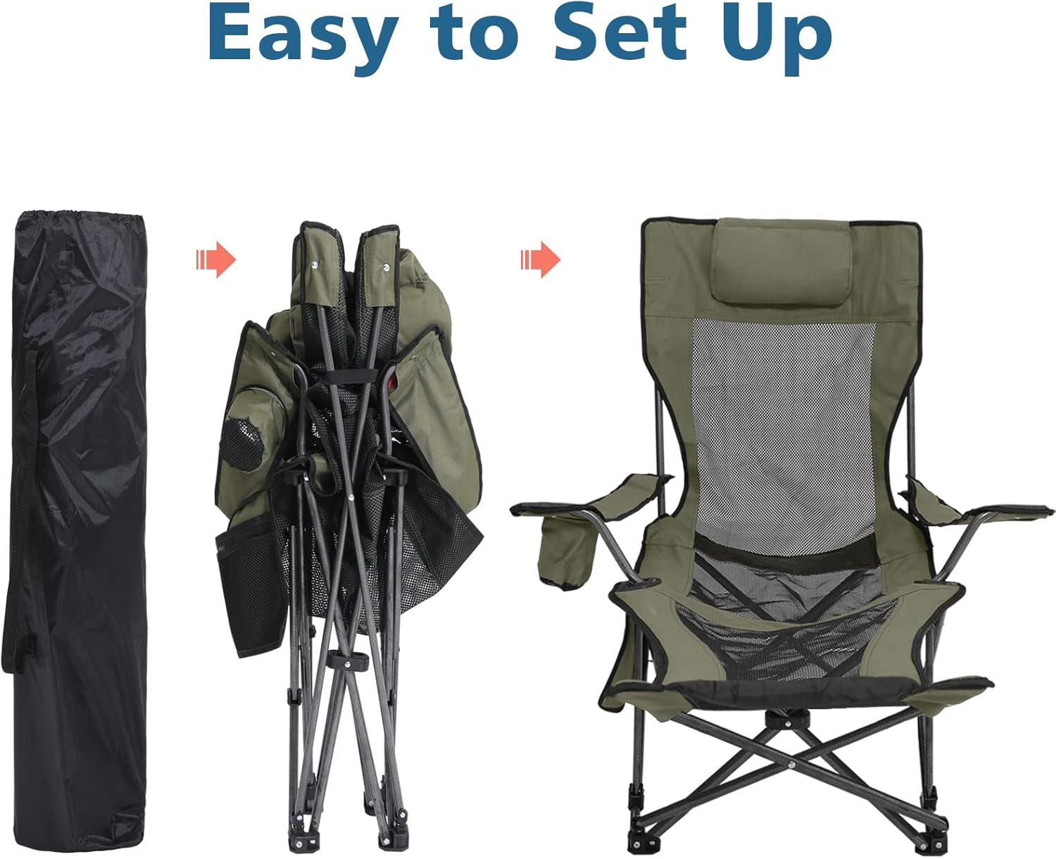 Folding Reclining Camping Chair Portable Camping Chair with Footrest, Storage Bag & Headrest, Army Green