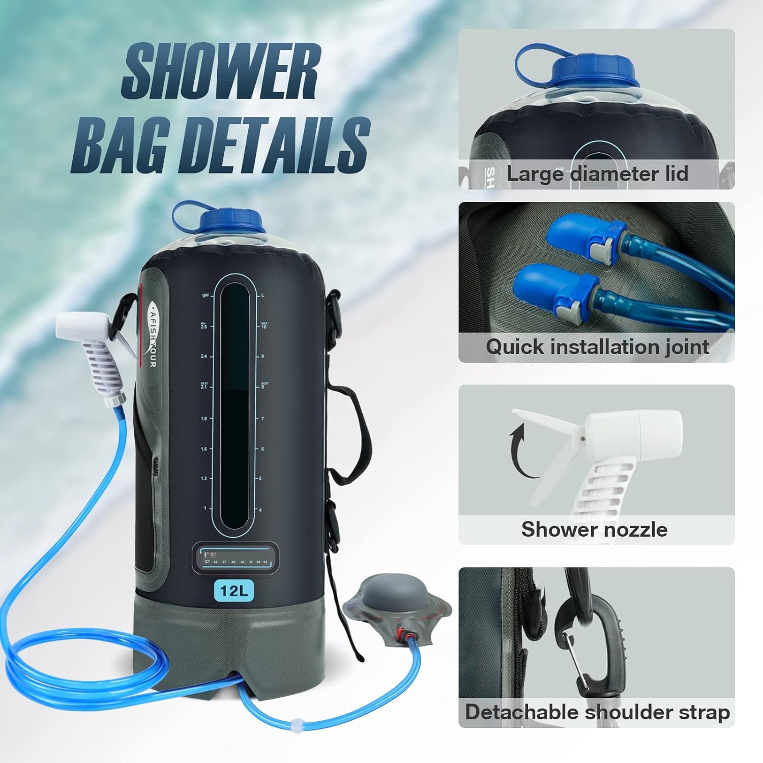 Portable Camping Shower Bag - 12L/3.17 Gallons Solar Shower Water Bag with Foot Pump and Shower Head - Camp Shower for Camping, Beach, Travel, Outdoor Activities