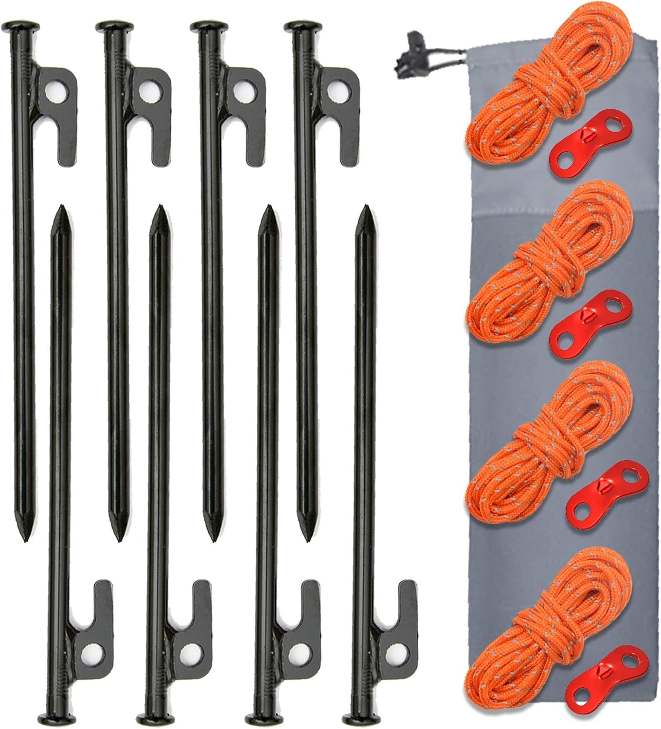 17 PCS Tent Nail Set,Outdoor Tent Stakes Kit,Tent Peg,Rope,Storage Bag,Wind Rope Buckle,Steel System,Suitable for Outdoor Tent Construction,Travel Essential Tent Accessories(20),Black